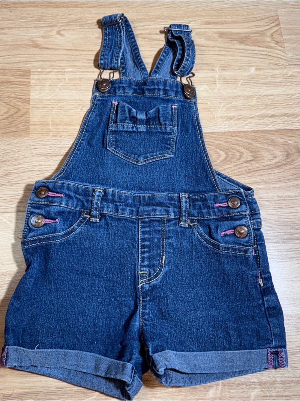 Jordache Dark Blue Denim Short Overalls with Pink Stitching Accents
